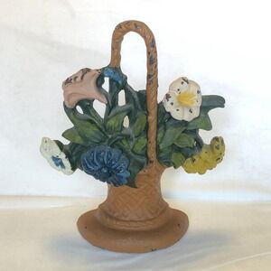 Vintage Hand Painted Cast Iron Flower Basket Door Stop. Beautiful